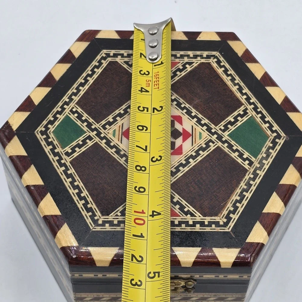 Vintage Moroccan Inlay‎ Wood Jewelry Box Geometric Marquetry Hexagon